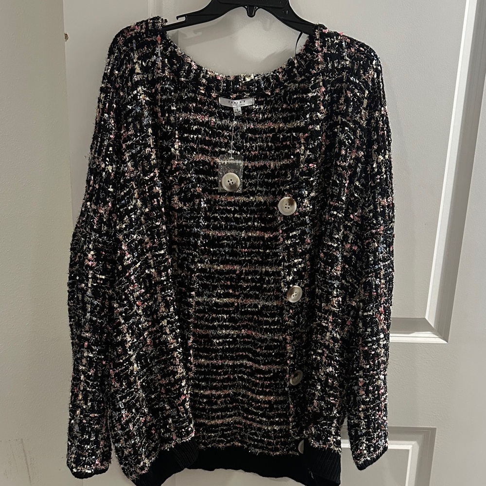 FAVLUX Tweed Cardigan Luxury Inspired Chunky Knit Black Oversized Sweater S NWT